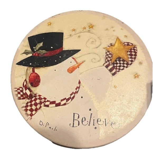 Vintage Holiday Snowman Coaster Set w Holder Just Believe Ceramic Cork Back Y2K - Picture 6 of 6